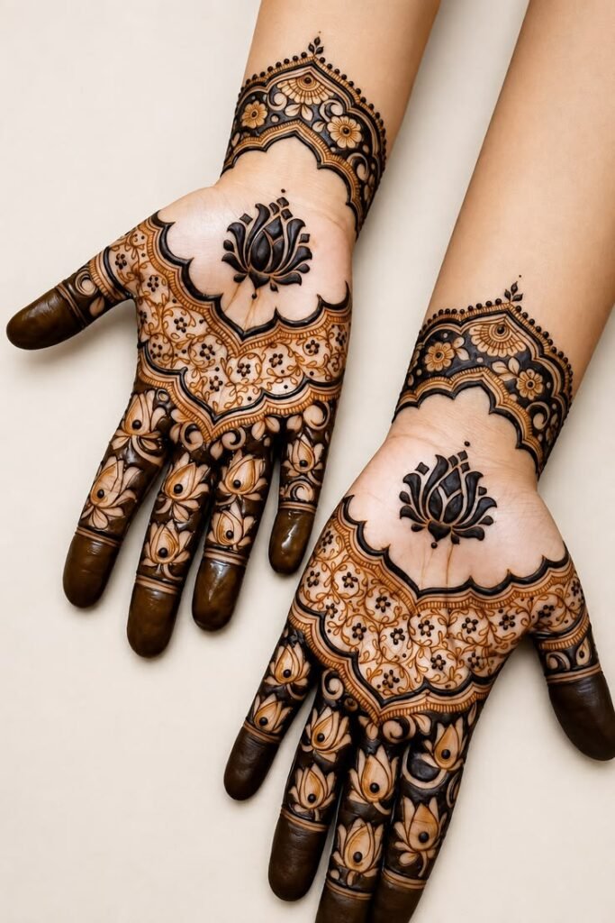 Elegant Lotus Mehndi Design for Front Hands _ Simple Yet Stunning Bridal Henna Inspiration 🌸